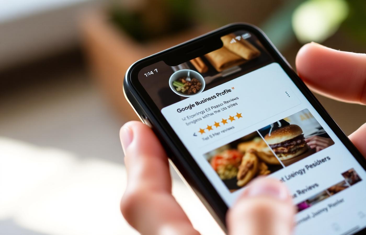 Phone showing a Google Business Profile with reviews